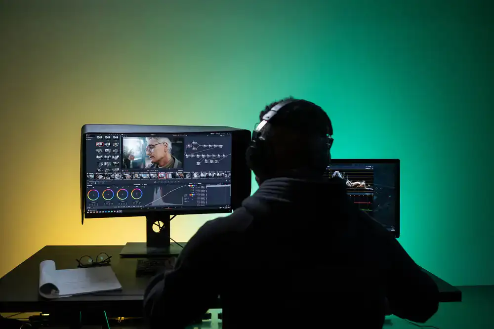 Coach looking at a dual monitor setup analyzing game footage